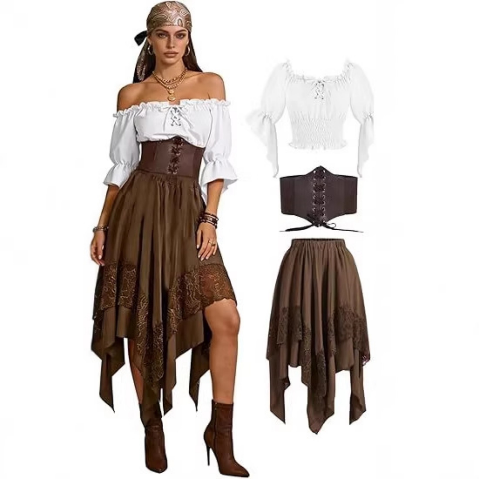 Medieval Renaissance Dress Women - 3 قطع تنورة قرصان نسائية، فستان